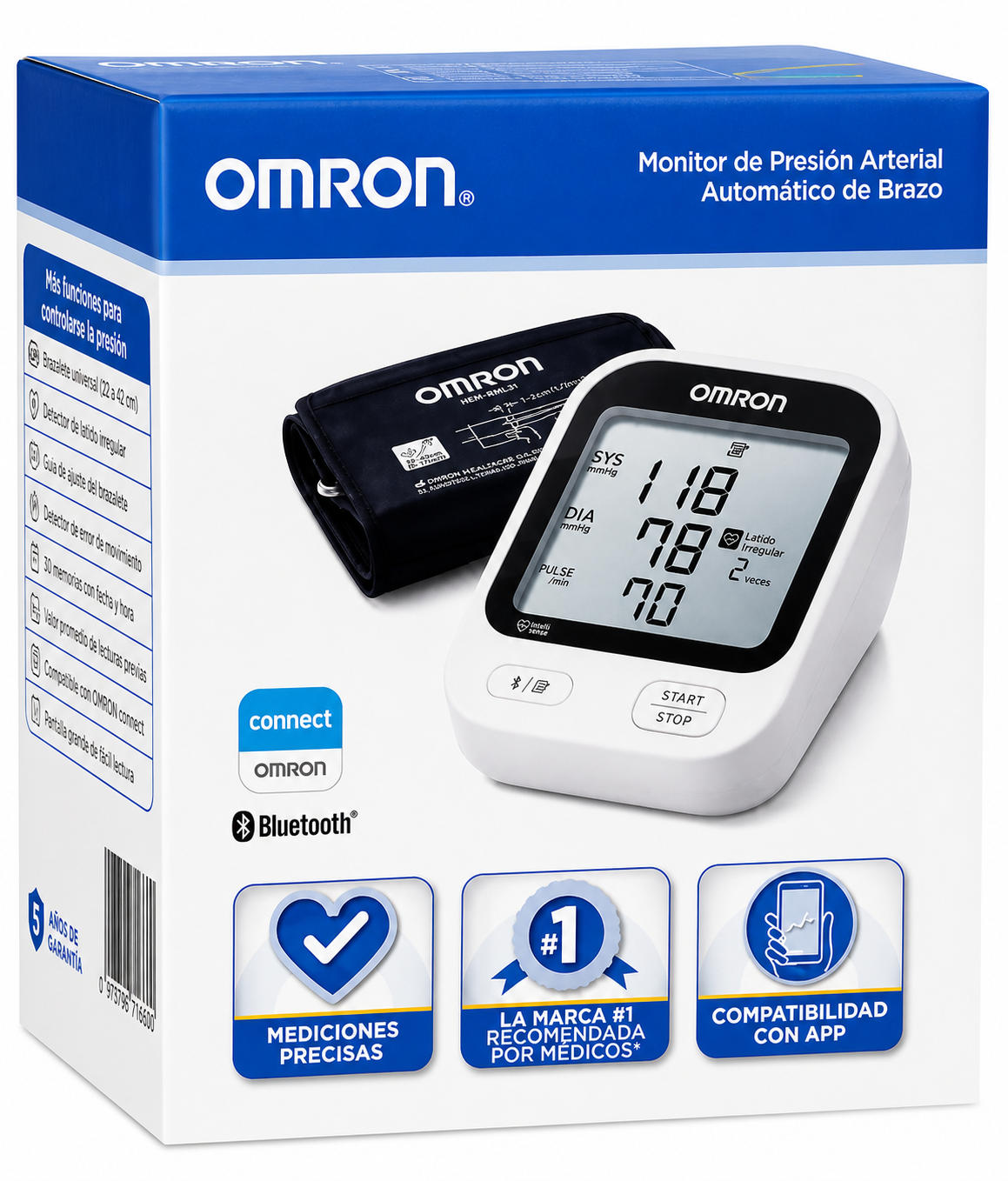 Caja tensiómetro digital de brazo Omron HEM-716DT2 con tecnología Bluetooth para medición de presión arterial