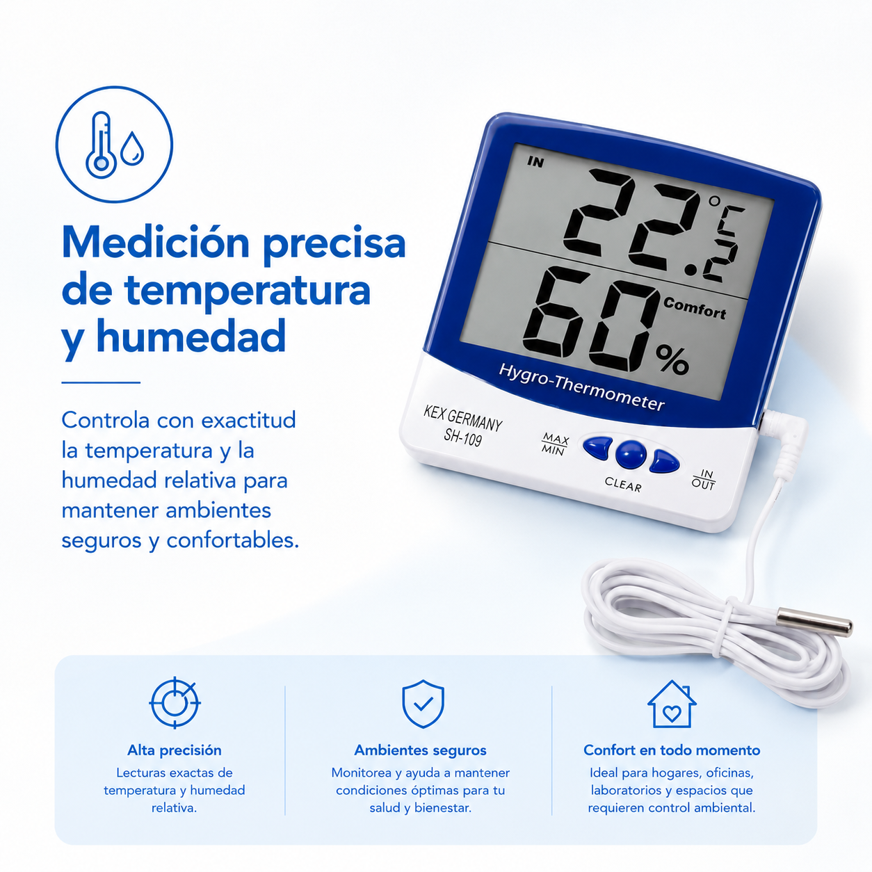 Termohigrómetro Digital Kex SH-109 con sensor de temperatura y humedad para medir con precisión las condiciones ambientales y mantener espacios seguros y confortables.