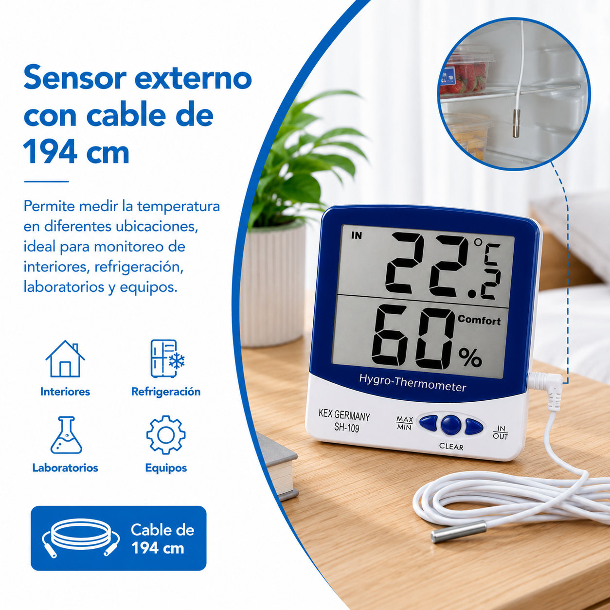 Termohigrómetro Digital Kex SH-109 con sensor externo de 194 cm para medir la temperatura en diferentes ubicaciones, ideal para interiores, refrigeración, laboratorios y equipos.