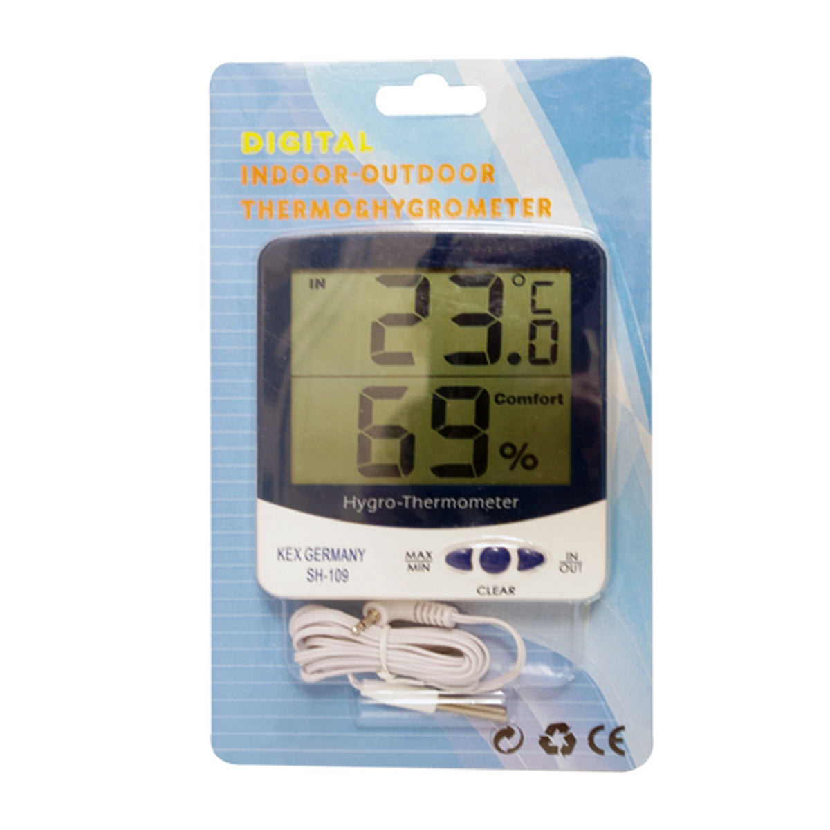 Termohigrómetro digital KEX SH-109 con sensor externo, mide temperatura de -50°C a 70°C y humedad de 20% a 99% HR, display de fácil lectura.