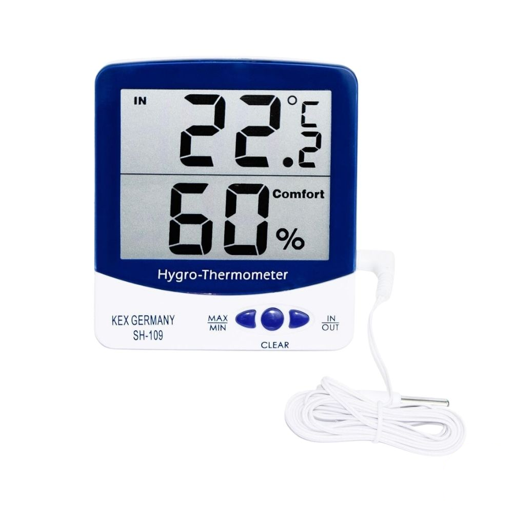 Termohigrómetro Digital Kex SH-109 con sensor de temperatura y humedad para monitorear las condiciones ambientales con lecturas precisas y pantalla digital de fácil visualización.
