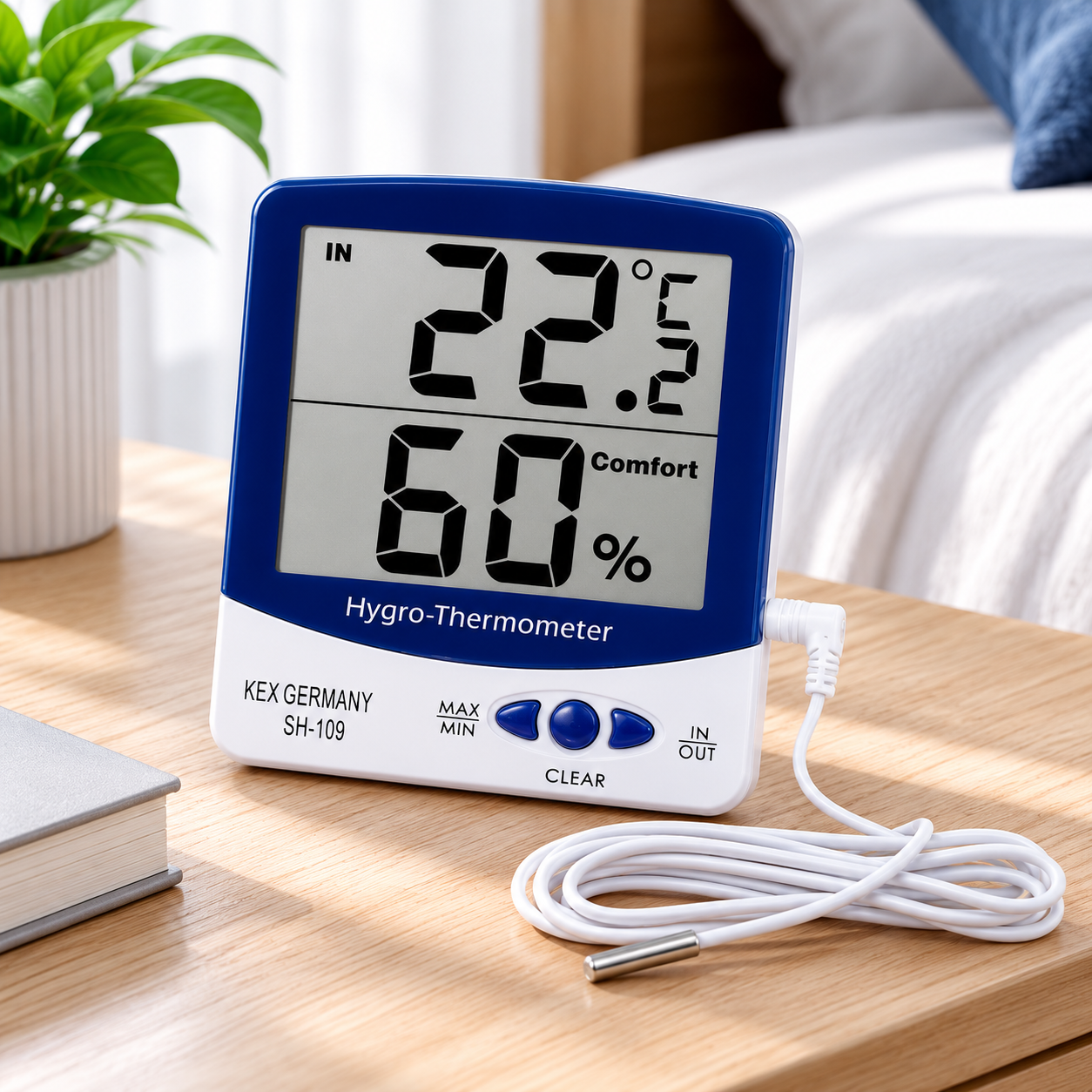 Termohigrómetro Digital Kex SH-109 con sensor de temperatura y humedad ubicado sobre una mesa de noche en una habitación, ideal para monitorear las condiciones ambientales del hogar.