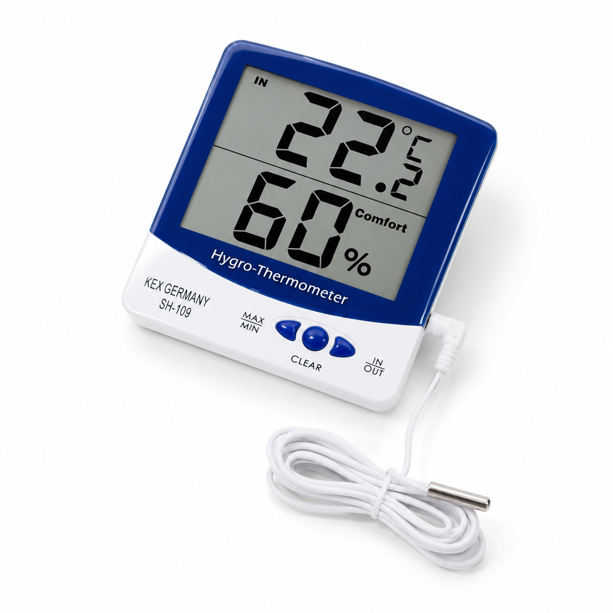 Termohigrómetro Digital Kex SH-109 con sensor externo de temperatura y humedad, visto desde un ángulo picado, ideal para monitorear las condiciones ambientales con alta precisión