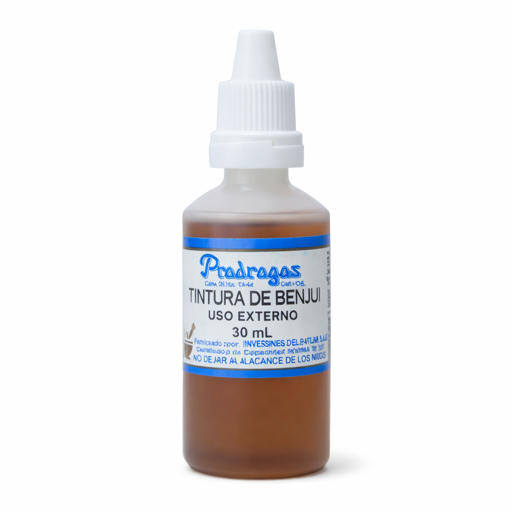 Tintura de Benjuí de 30 ml, frasco de vidrio ámbar, líquido transparente, ideal para aromaterapia y uso en difusores.