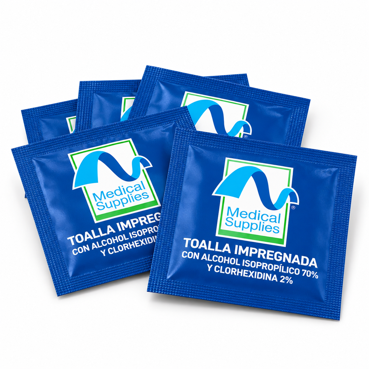 Toalla antiséptica con alcohol isopropílico al 70% y clorhexidina al 2%, caja de 100 unidades para limpieza y antisepsia.