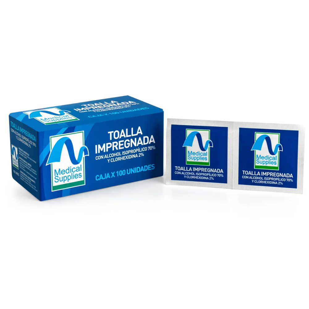 Toalla antiséptica con alcohol isopropílico al 70% y clorhexidina al 2% caja por 100 unidades para limpieza y desinfección clínica