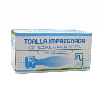 Toalla antiséptica isopropílica al 70%, presentada en un paquete de 100 unidades, con fondo blanco y diseño compacto.