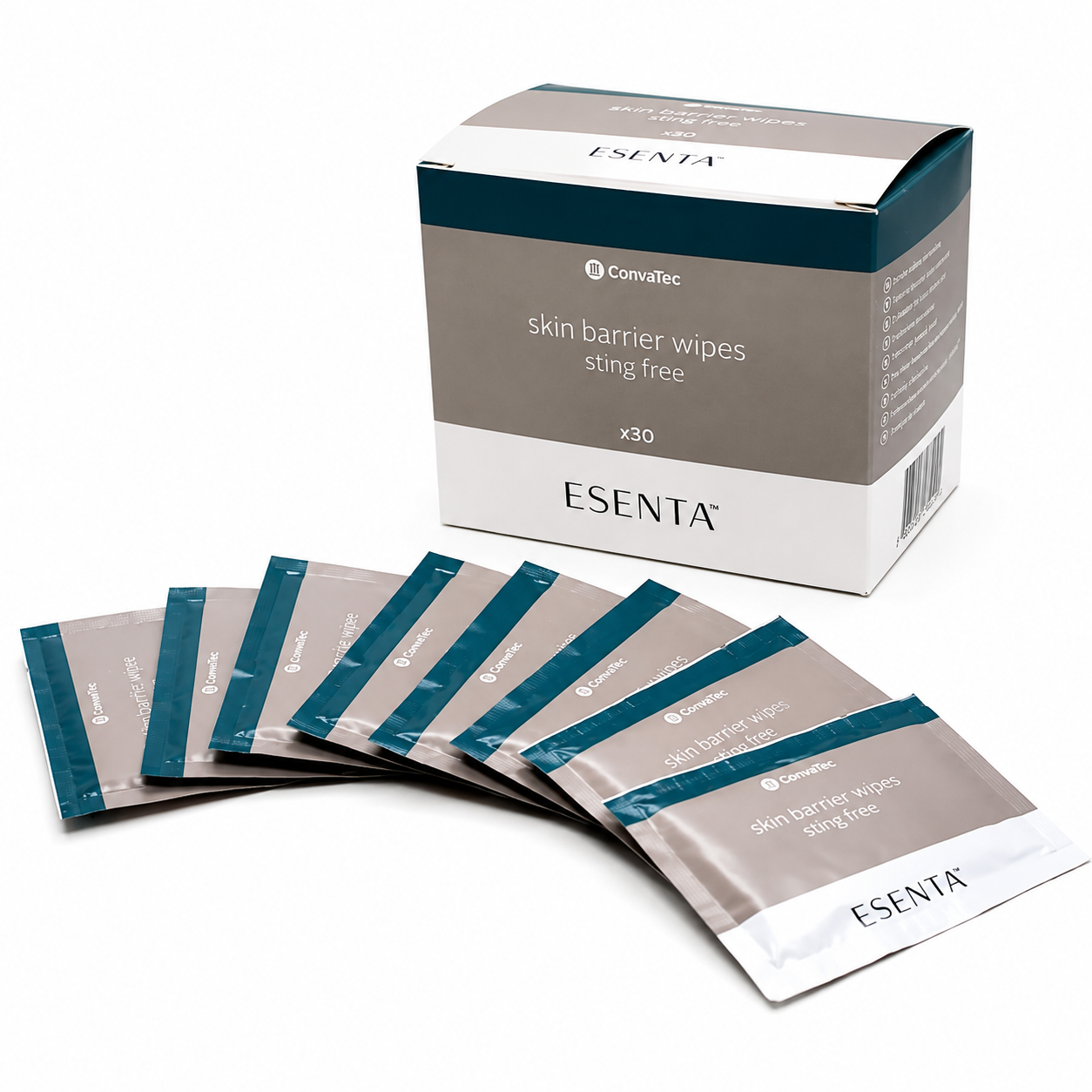 Detalle de sobres ESENTA Skin Barrier Wipes Sting Free Convatec para protección cutánea sin irritación