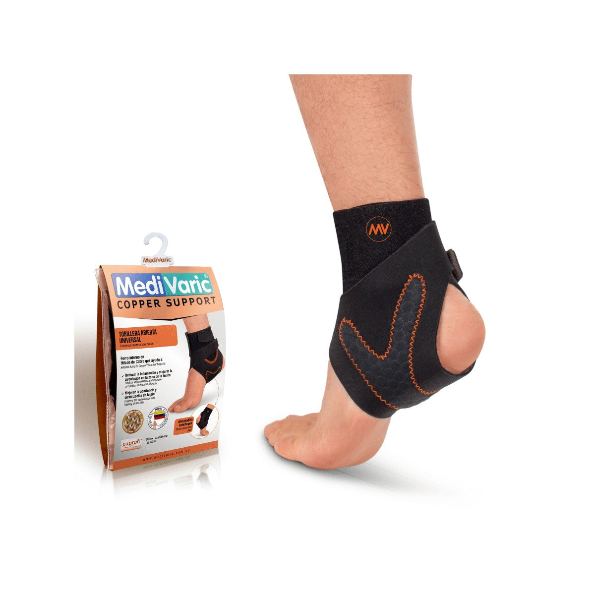 Tobillera abierta universal de hilado de cobre, color marrón, diseñada para soporte y compresión en lesiones. Ref. O748p0004.