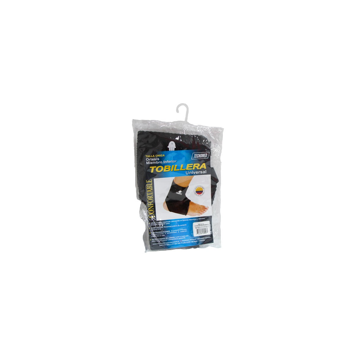 Tobillera universal de neopreno negro, talla única, con cierre de contacto tipo krik, diseño flexible y abierto en dedos y talón.