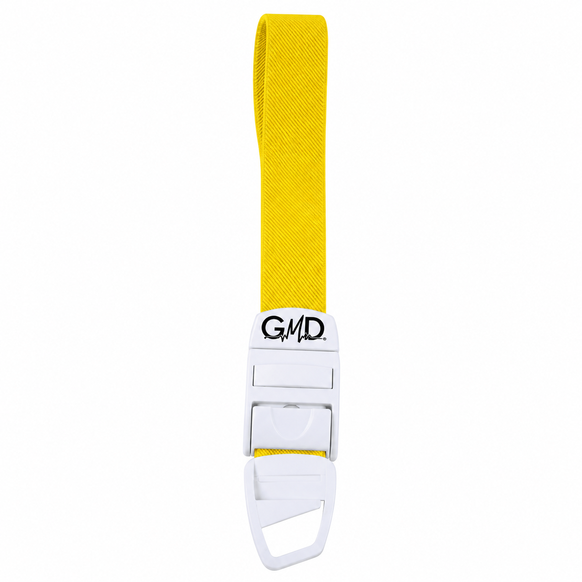 Torniquete GMD con correa elástica color amarillo, referencia GMD-6351-5, diseñado para apoyar procedimientos de venopunción y toma de muestras.