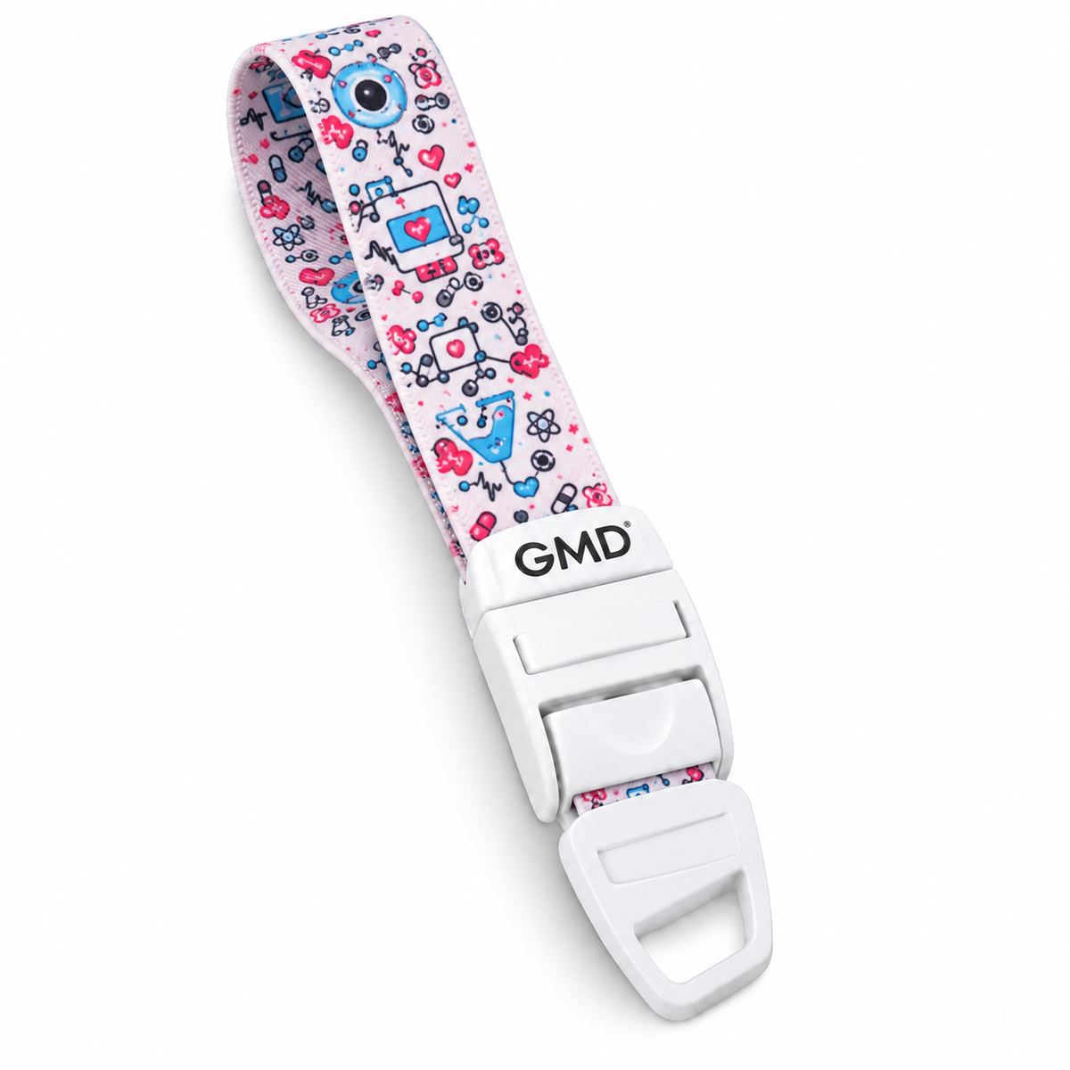 Torniquete GMD con correa elástica de 48 x 2.6 cm y motivo científico, referencia GMD-6352-C3, diseñado para apoyar procedimientos de venopunción y toma de muestras.