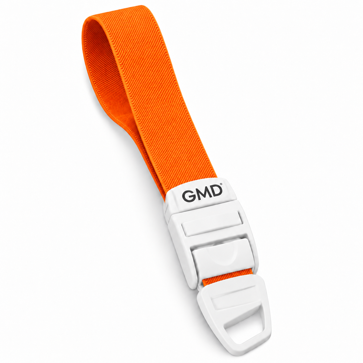 Torniquete GMD con correa elástica color naranja, referencia GMD-6351-7, diseñado para apoyar procedimientos de venopunción y toma de muestras.