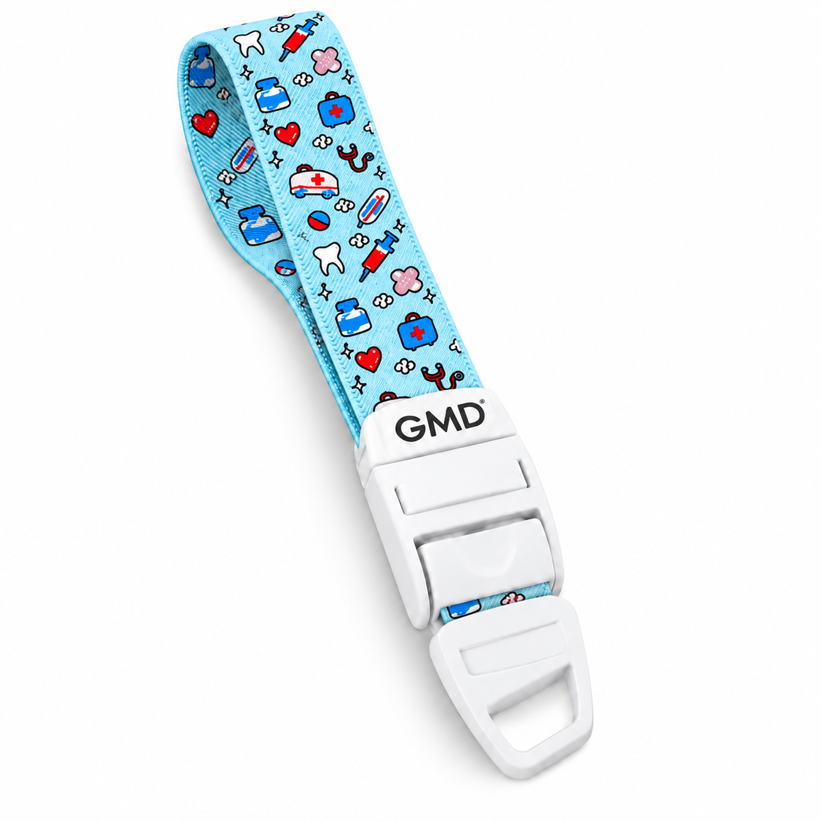 Torniquete GMD con correa elástica color azul y motivo médico, referencia GMD-6352-A3, diseñado para apoyar procedimientos de venopunción y toma de muestras.