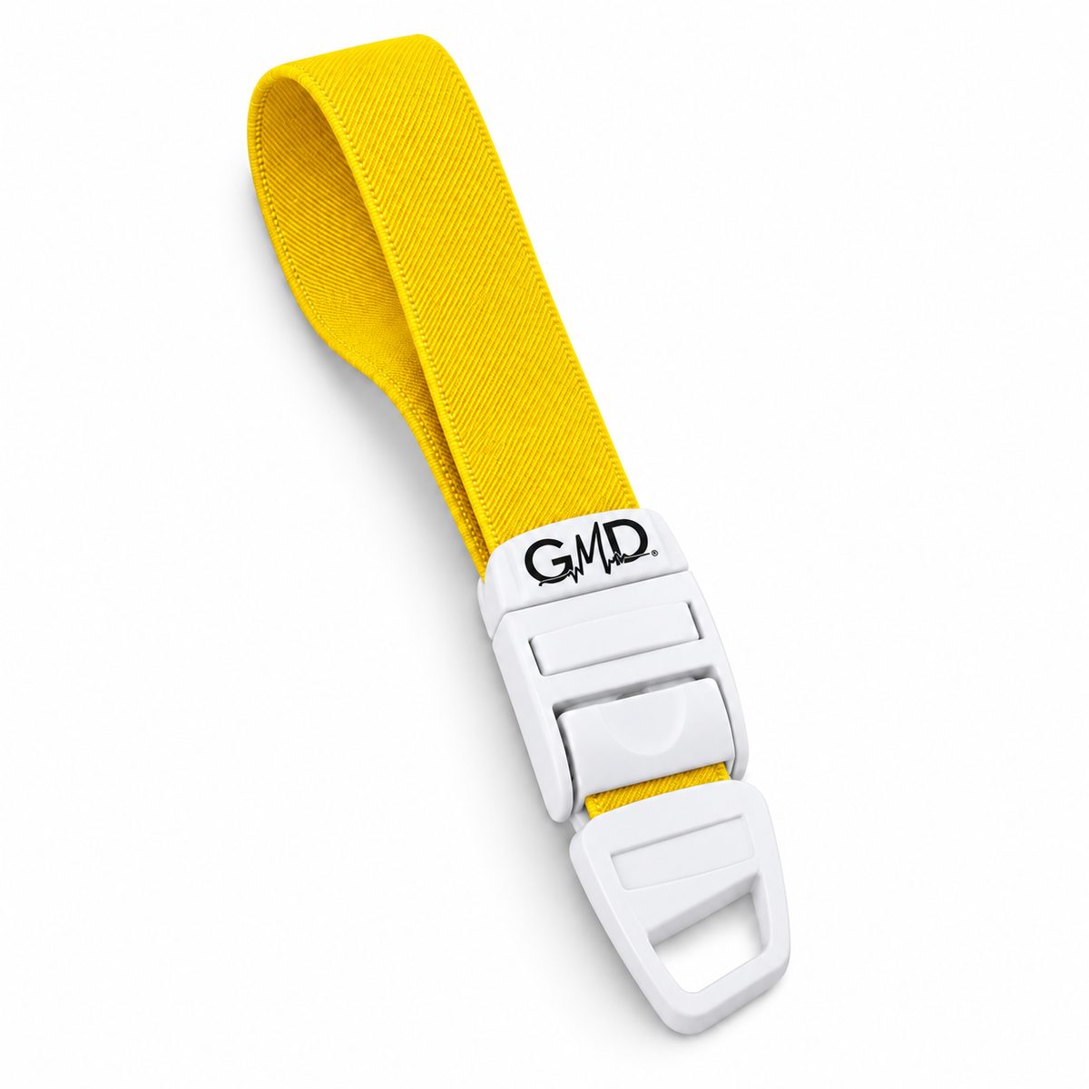 Torniquete GMD con correa elástica color amarillo, referencia GMD-6351-5, diseñado para apoyar procedimientos de venopunción y toma de muestras.