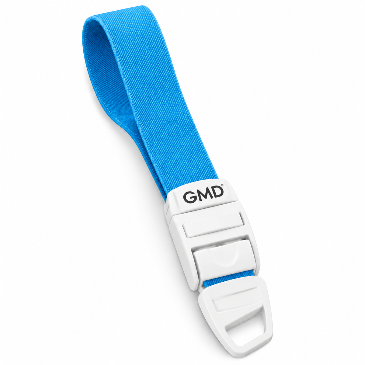 Torniquete GMD con correa elástica color azul cielo, referencia GMD-6351-21, diseñado para apoyar procedimientos de venopunción y toma de muestras.