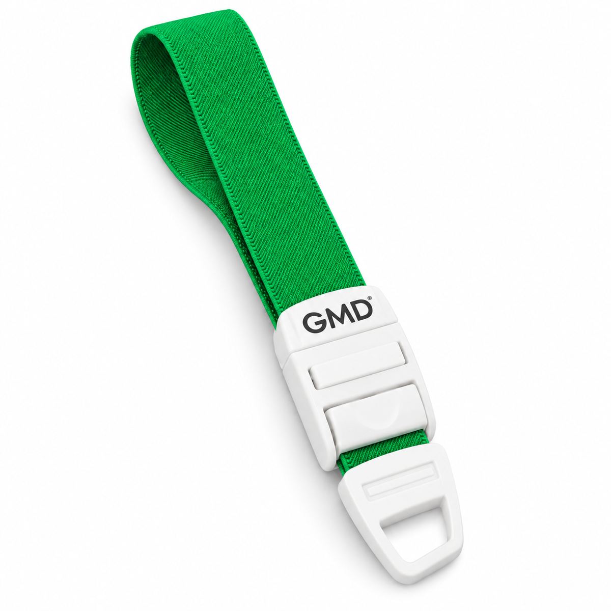 Torniquete color verde de 48 x 2.6 cm con correa elástica, referencia GMD-6351-9, diseñado para apoyar procedimientos de venopunción y toma de muestras.