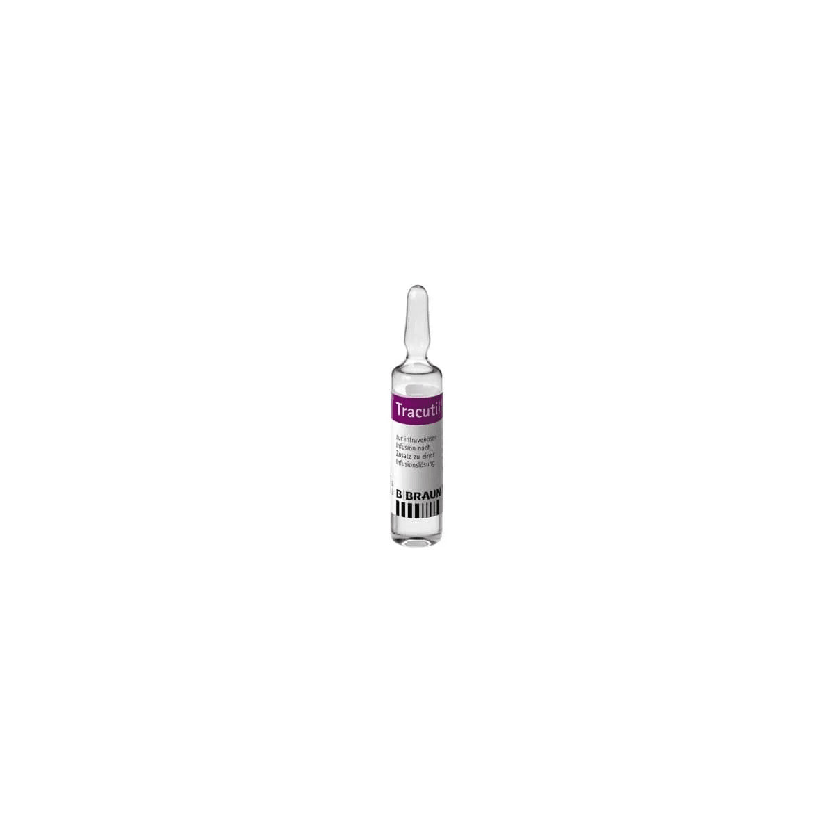 Ampolla de 10 mL de TRACUTIL de B. Braun, solución inyectable para nutrición parenteral, con líquido transparente y sin partículas.
