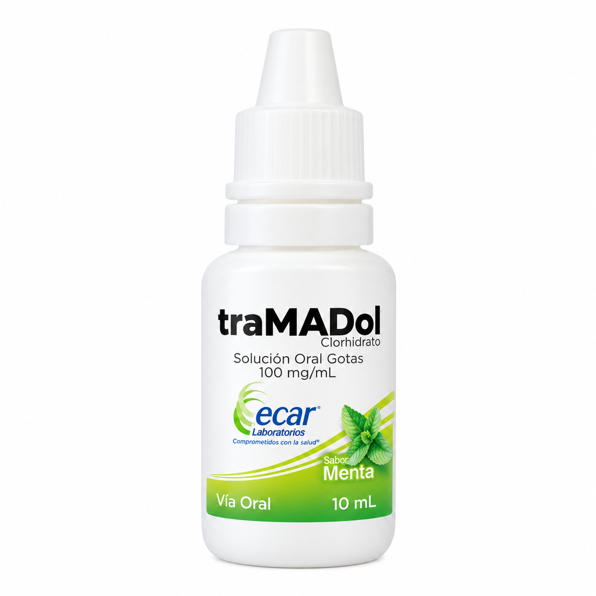 Tramadol Ecar en gotas sabor menta, concentración 100 mg/ml, medicamento analgésico para uso bajo prescripción médica.