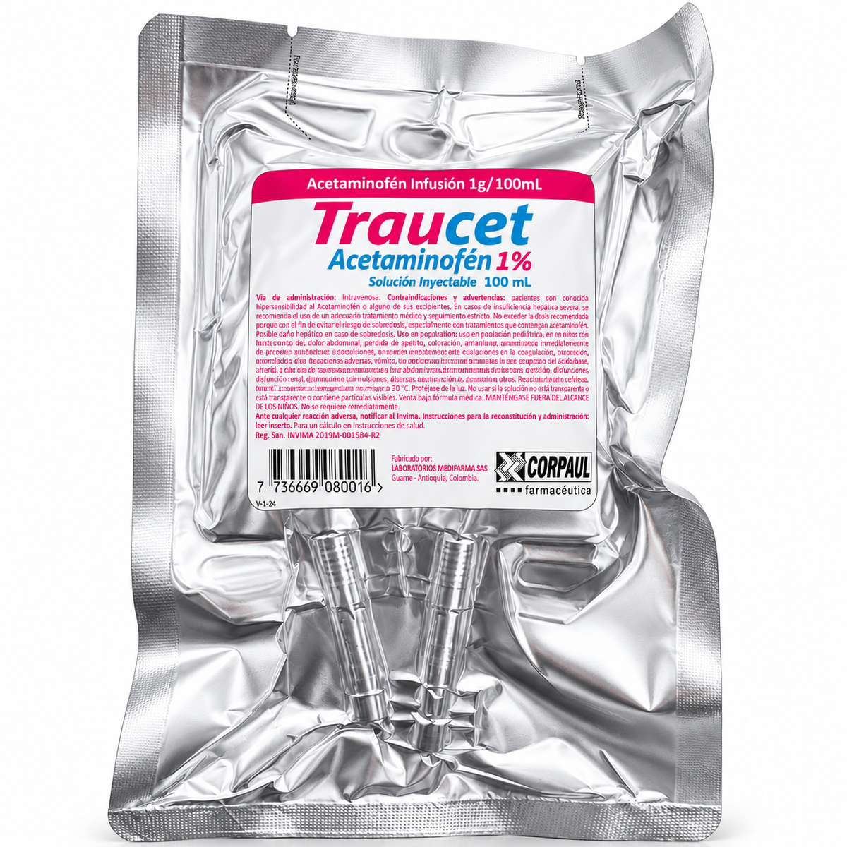 Traucet acetaminofén 1% (10 mg/ml) inyectable Corpaul, presentación de 100 ml para uso médico.