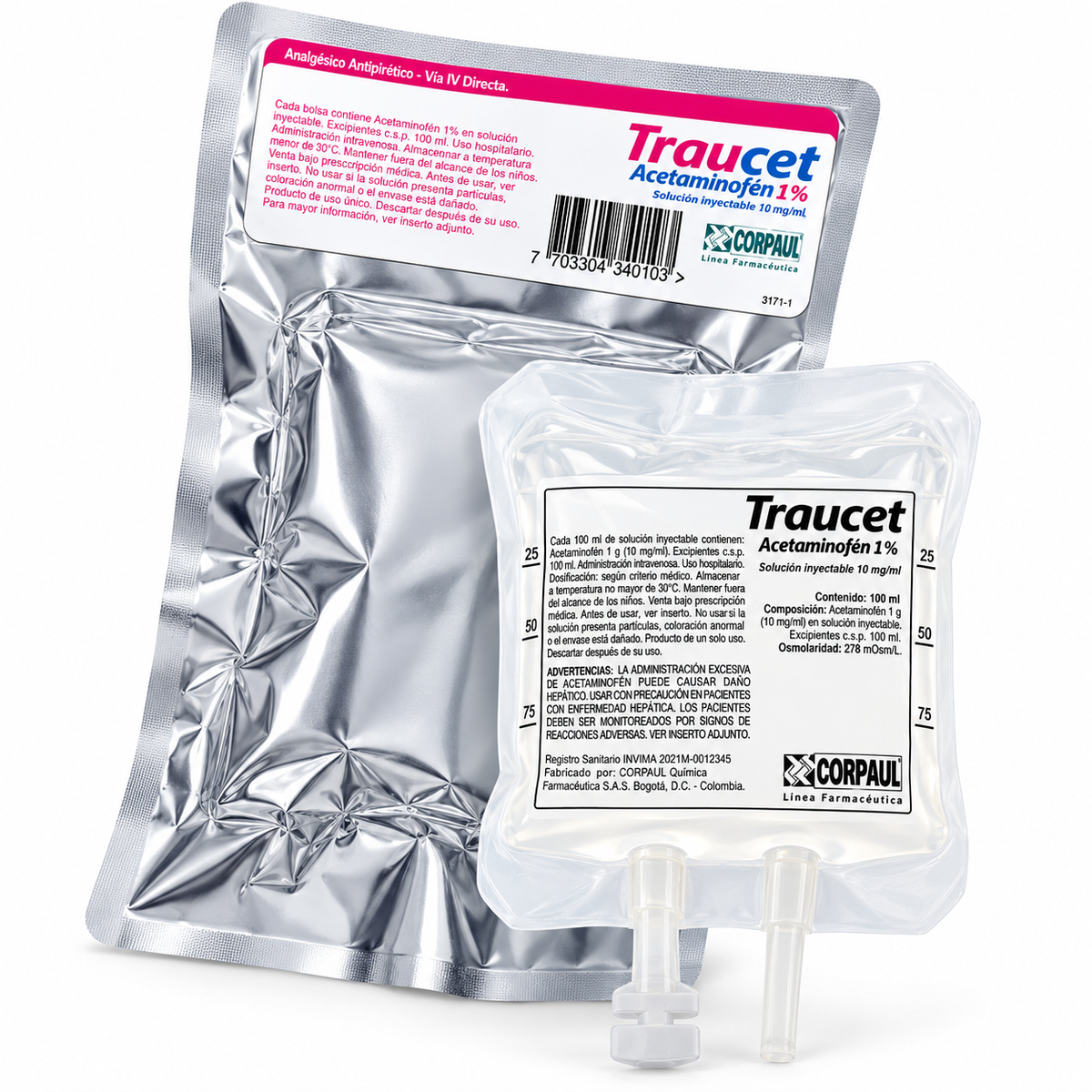 Traucet acetaminofén inyectable Corpaul al 1% (10 mg/ml), frasco de 100 ml para uso médico.