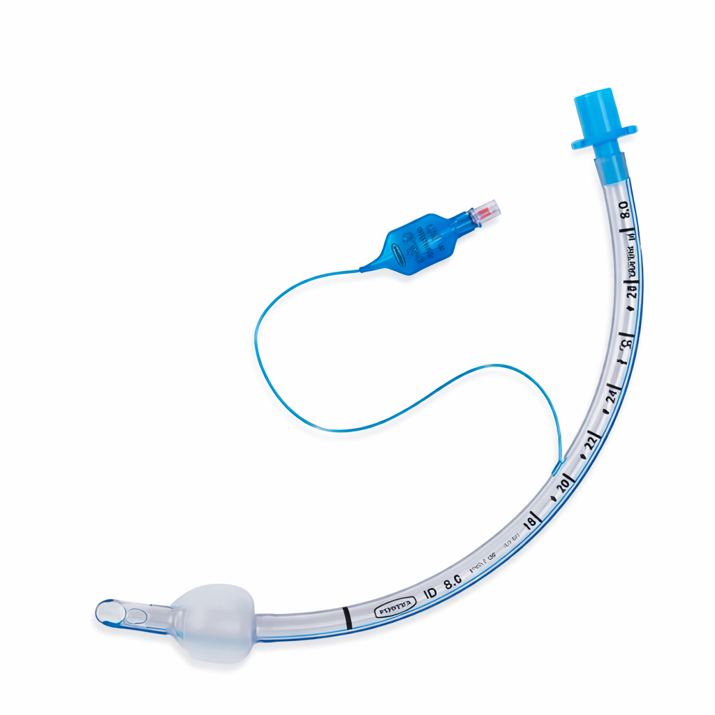 Tubo endotraqueal ALLMED 6.5, fabricado en PVC médico transparente, diseñado para intubación y ventilación de pacientes, con balón simétrico.