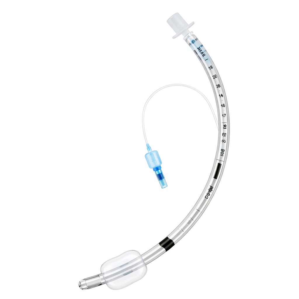 Tubo endotraqueal ALLMED 8.0, fabricado en PVC médico, con diseño de punta suave y balón simétrico para intubación segura.