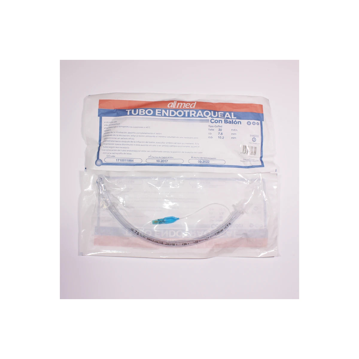 Tubo endotraqueal 7.5 C/B Allmed, color transparente, con balón inflable y conector para ventilación mecánica, presentado sobre fondo blanco.