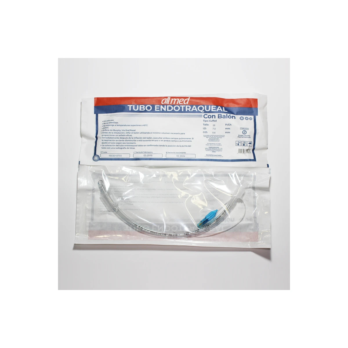 Tubo endotraqueal 7.0 C/B Allmed, de color transparente, fabricado en PVC, diseñado para intubación en procedimientos médicos.
