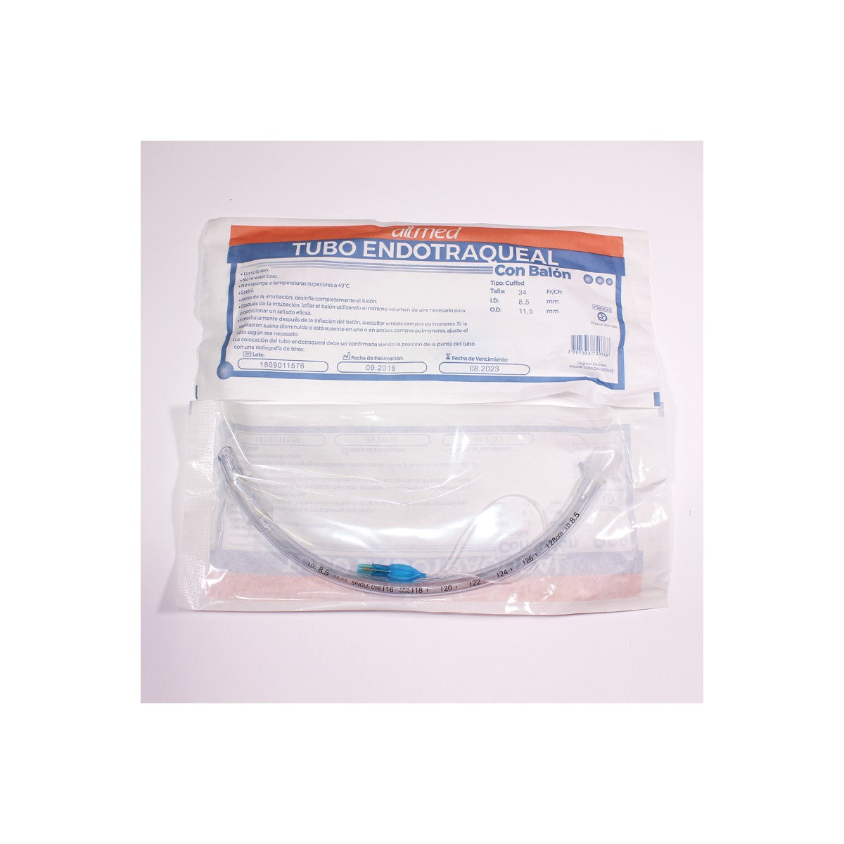 Tubo endotraqueal 8.5 C/B Allmed, fabricado en PVC transparente, con balón inflable y conector para ventilación. Alta calidad médica.