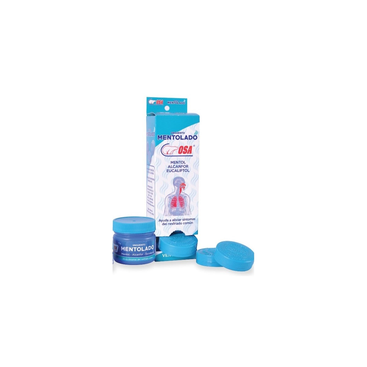 Ungüento Mentolado OSA 45g en tubo, color blanco con tapa azul, diseñado para alivio rápido y refrescante de dolores musculares.