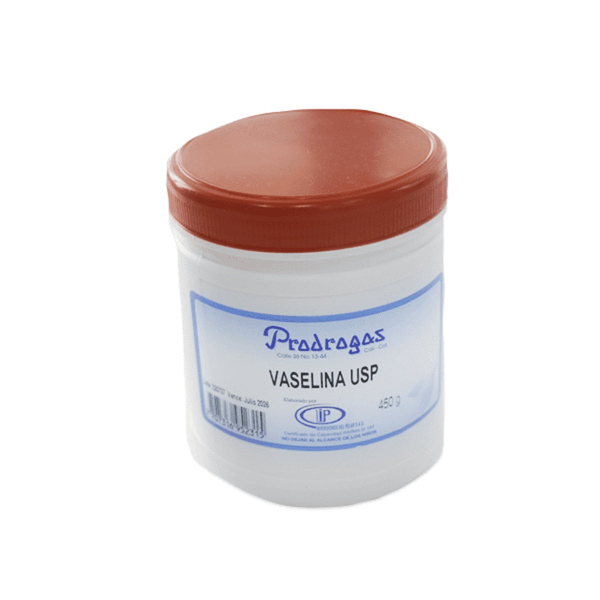 Vaselina Sólida USP de 450 g, masa untosa de color blanco, utilizada como base para pomadas y lubricante en aplicaciones industriales.