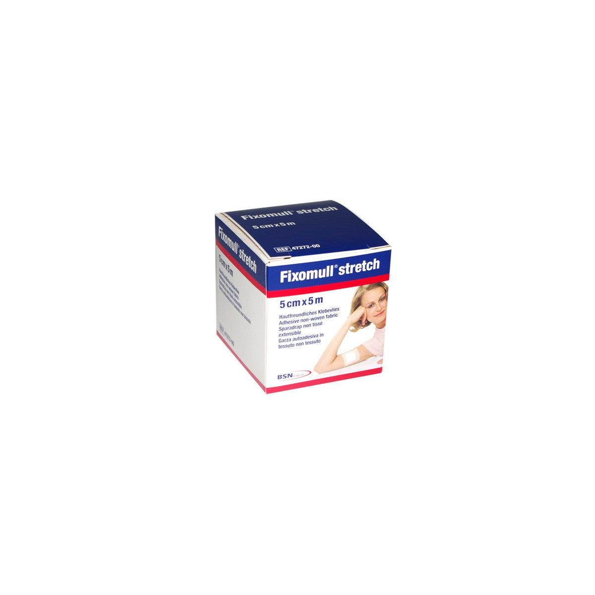 Venda adhesiva elástica Fixomull Stretch de 5 cm x 5 m, color blanco, ideal para fijación de apósitos y soporte en lesiones.