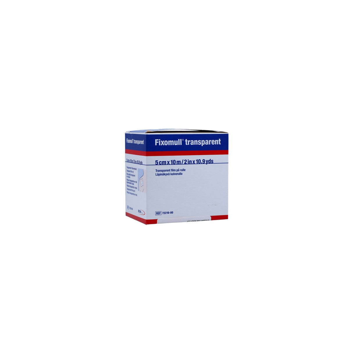Venda adhesiva médica Fixomull Transparente de 10m x 5cm, con superficie suave y flexible, ideal para fijar apósitos.