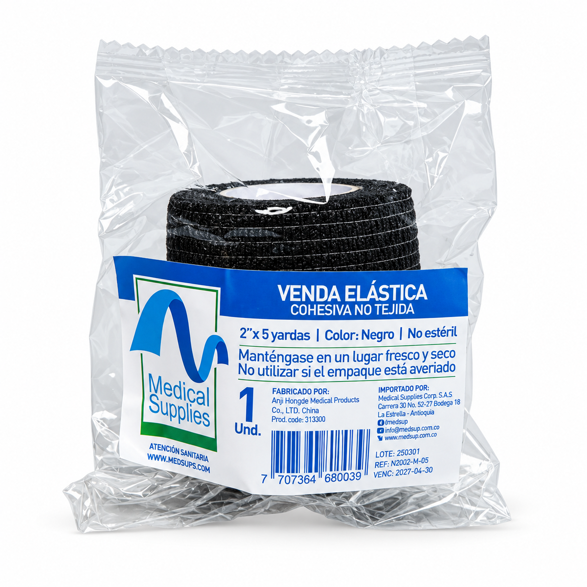 Venda autoadherente cohesiva negra de 2 pulgadas x 5 yardas Medical Supplies Corp. para fijación de apósitos y vendajes.