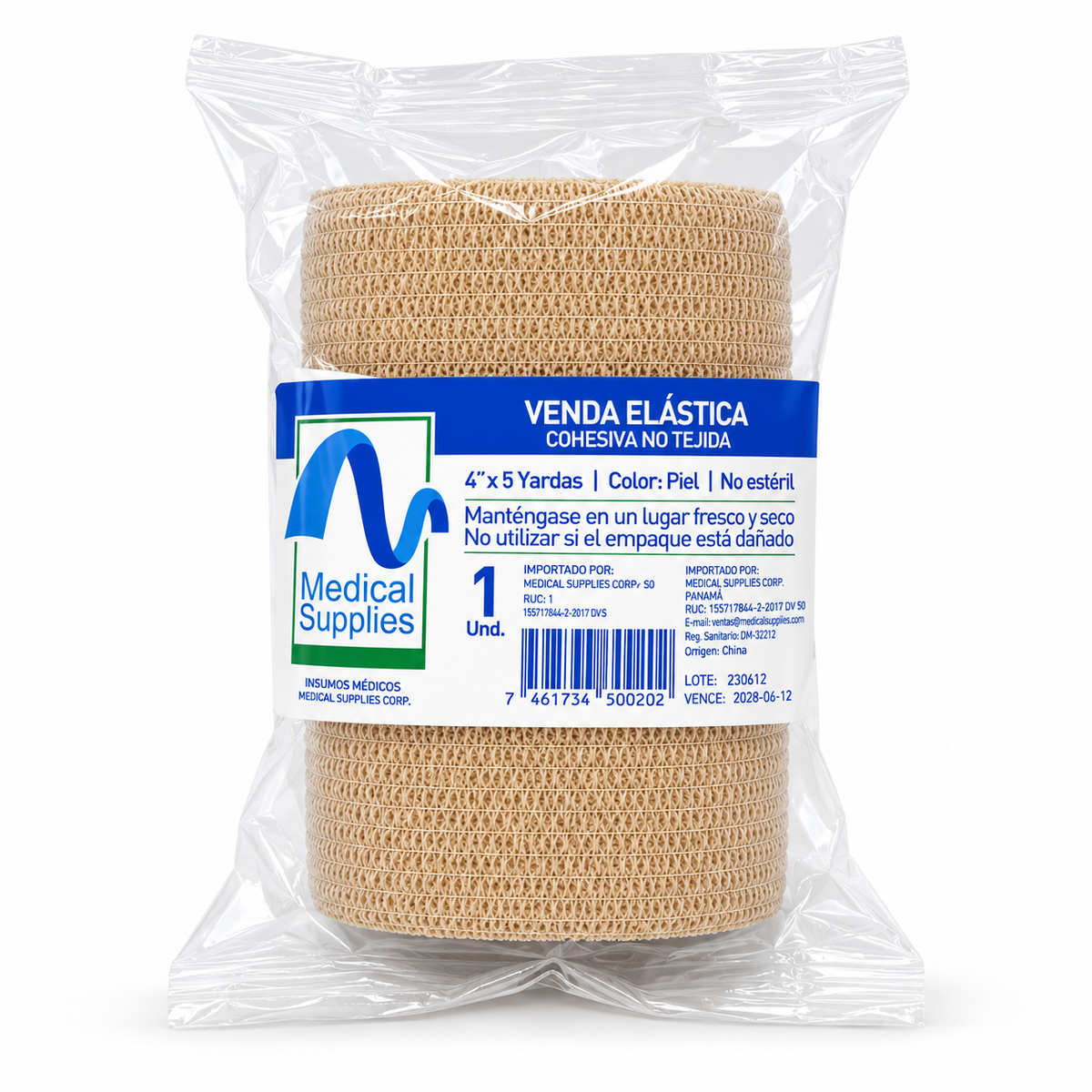 Venda cohesiva color piel de 4 pulgadas x 5 yardas Medical Supplies Corp. para fijación, soporte y protección de vendajes.