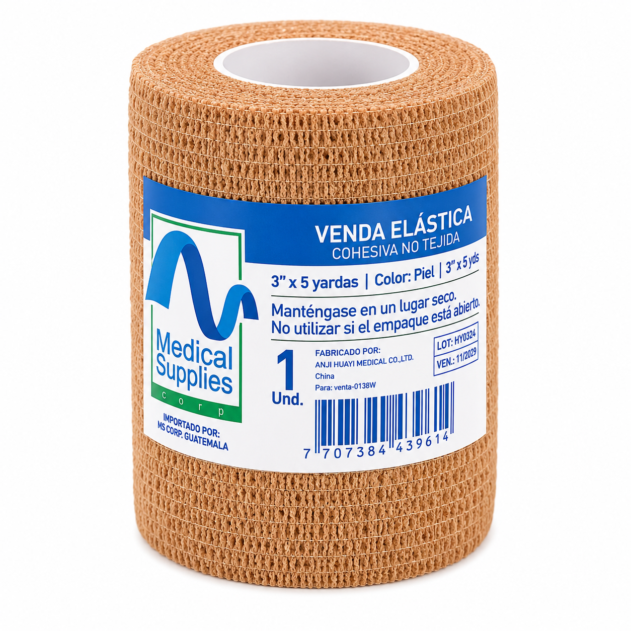 Detalle de textura y presentación de venda cohesiva color piel 3 x 5 yardas Medical Supplies para compresión, soporte y fijación sin adhesivo
