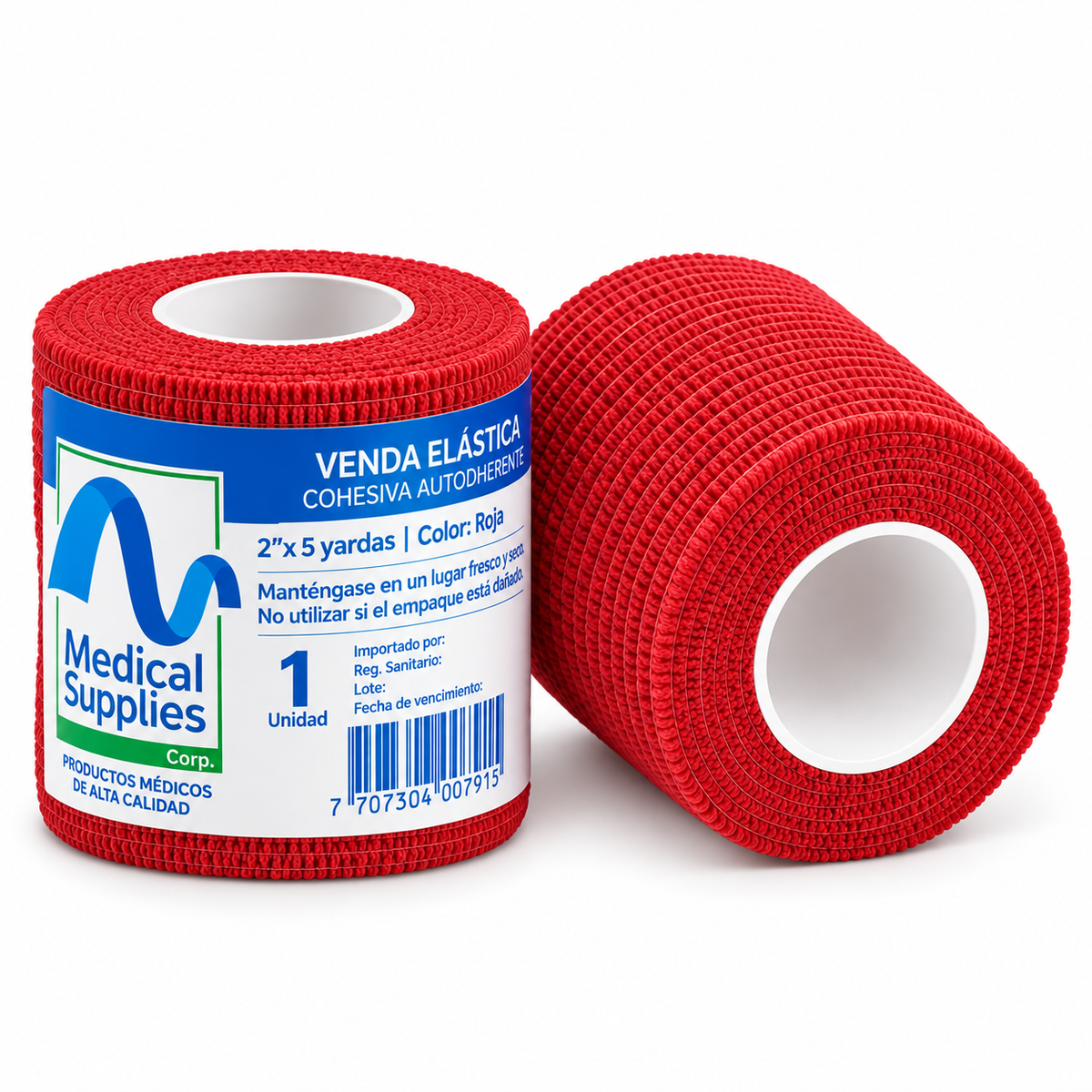 Venda cohesiva Medical Supplies Corp. color rojo de 2 pulgadas x 5 yardas para fijación y soporte de vendajes.