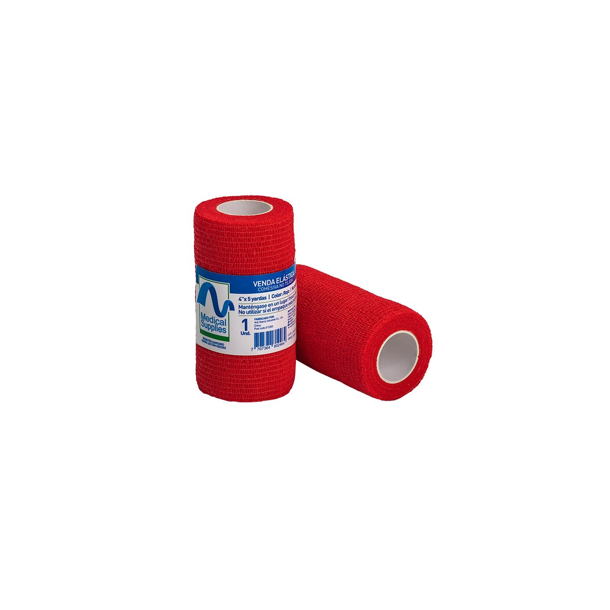 Venda Cohesiva Roja de 4" x 5 yardas, fabricada por Medical Supplies Corp, ideal para sujeción y soporte en lesiones.