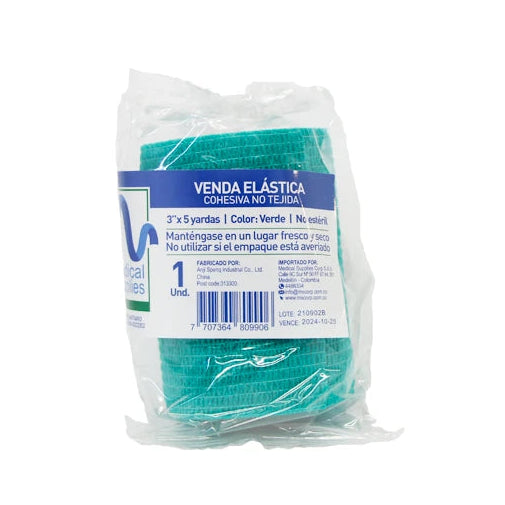 Venda cohesiva verde de 3x5 yardas, fabricada en material elástico, ideal para sujeción y soporte en aplicaciones médicas.