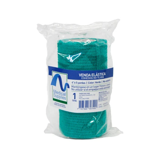 Venda Cohesiva Verde de 4" x 5 yardas, material elástico y autoadhesivo, ideal para vendajes médicos y soporte de lesiones.