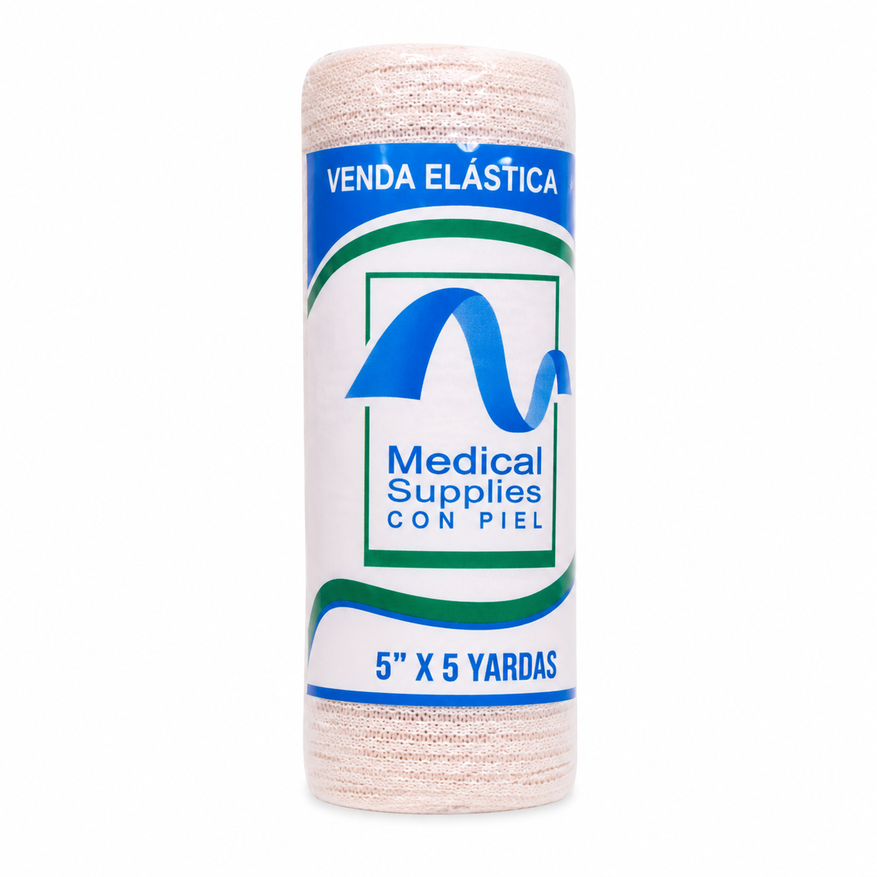 Vista frontal de venda elástica 5 x 5 yardas con piel Medical Supplies para compresión, soporte y fijación