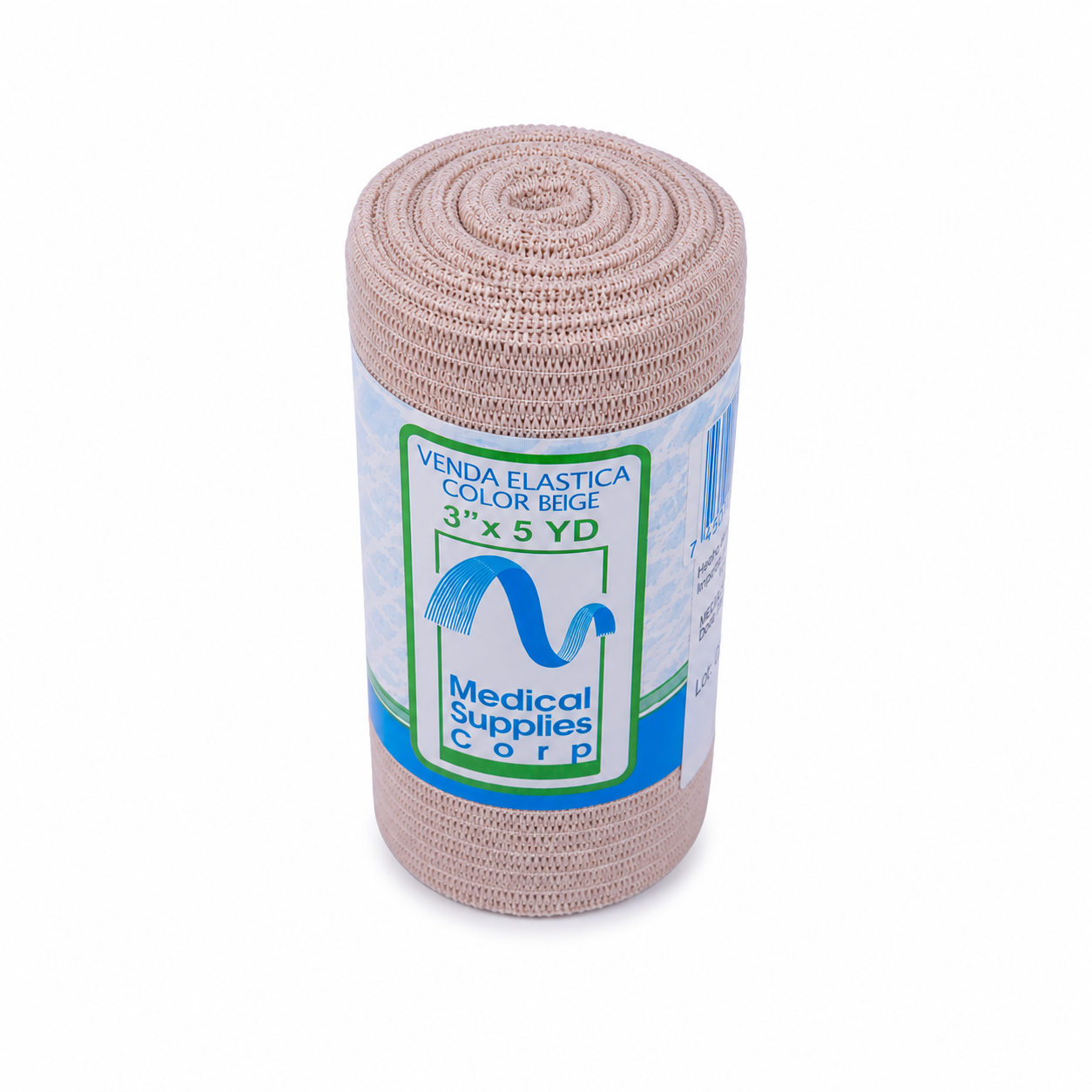 Venda elástica de gasa 3” x 5 yardas Medical Supplies con textura tejida y presentación profesional.