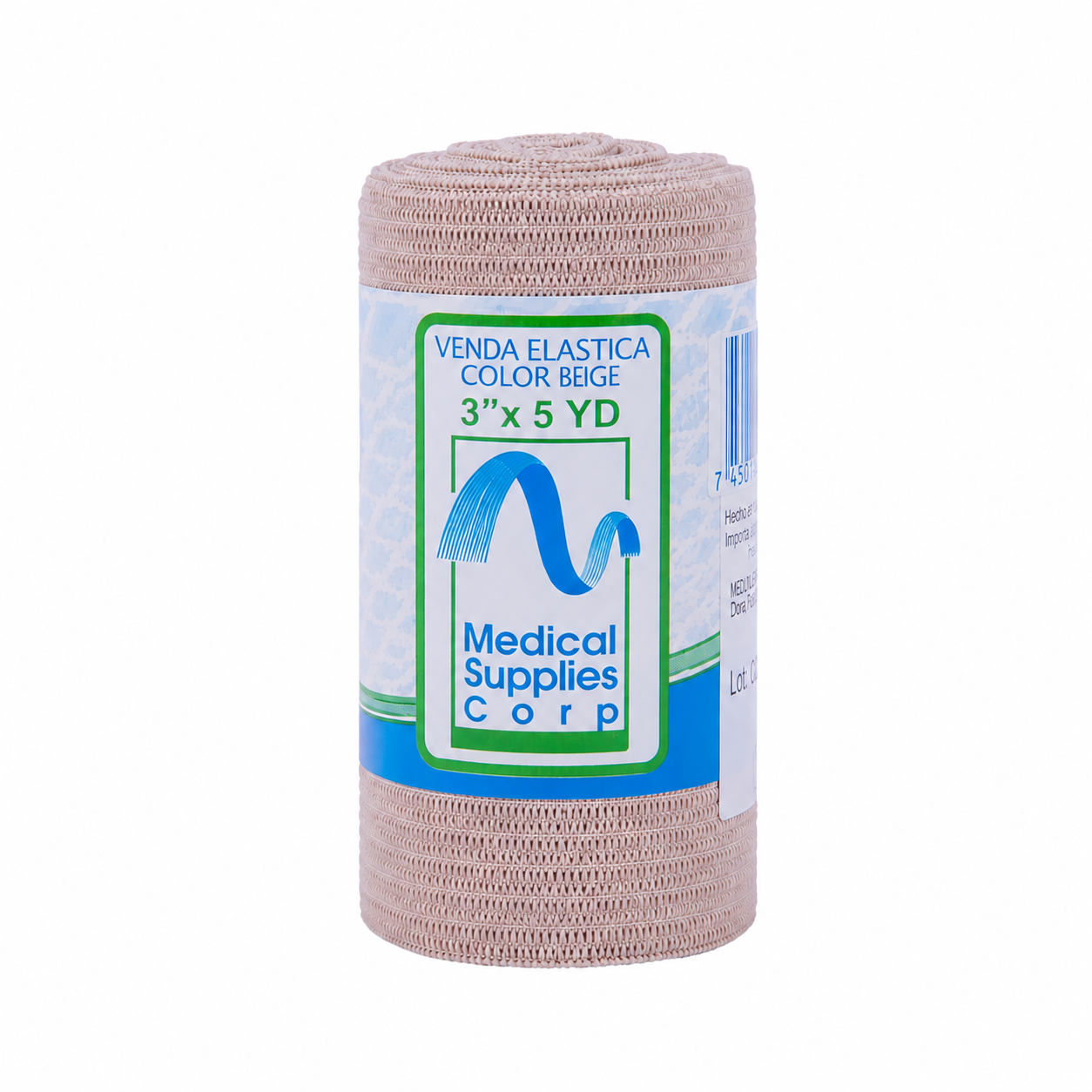 Venda de tela o gasa Medical Supplies de 3” x 5 YD en rollo color beige para uso médico.