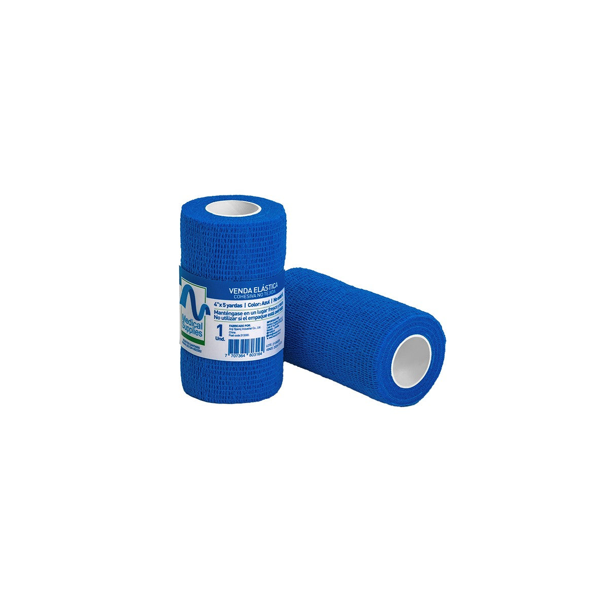 Venda Cohesiva Azul de 4" x 5 yardas, fabricada por Medical Supplies Corp, ideal para sujeción y soporte en lesiones.