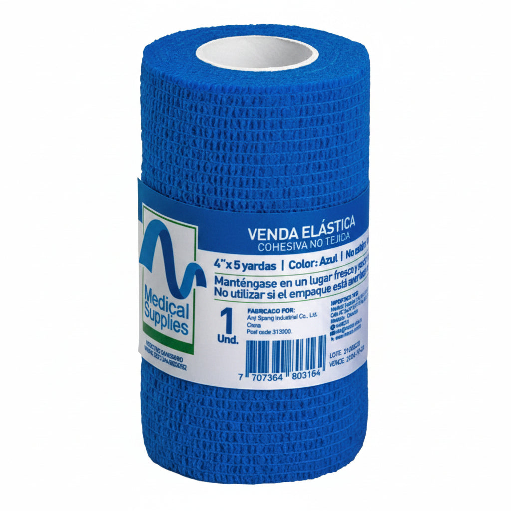 Venda Cohesiva Azul de 4" x 5 yardas, fabricada por Medical Supplies Corp, ideal para sujeción y soporte en lesiones.