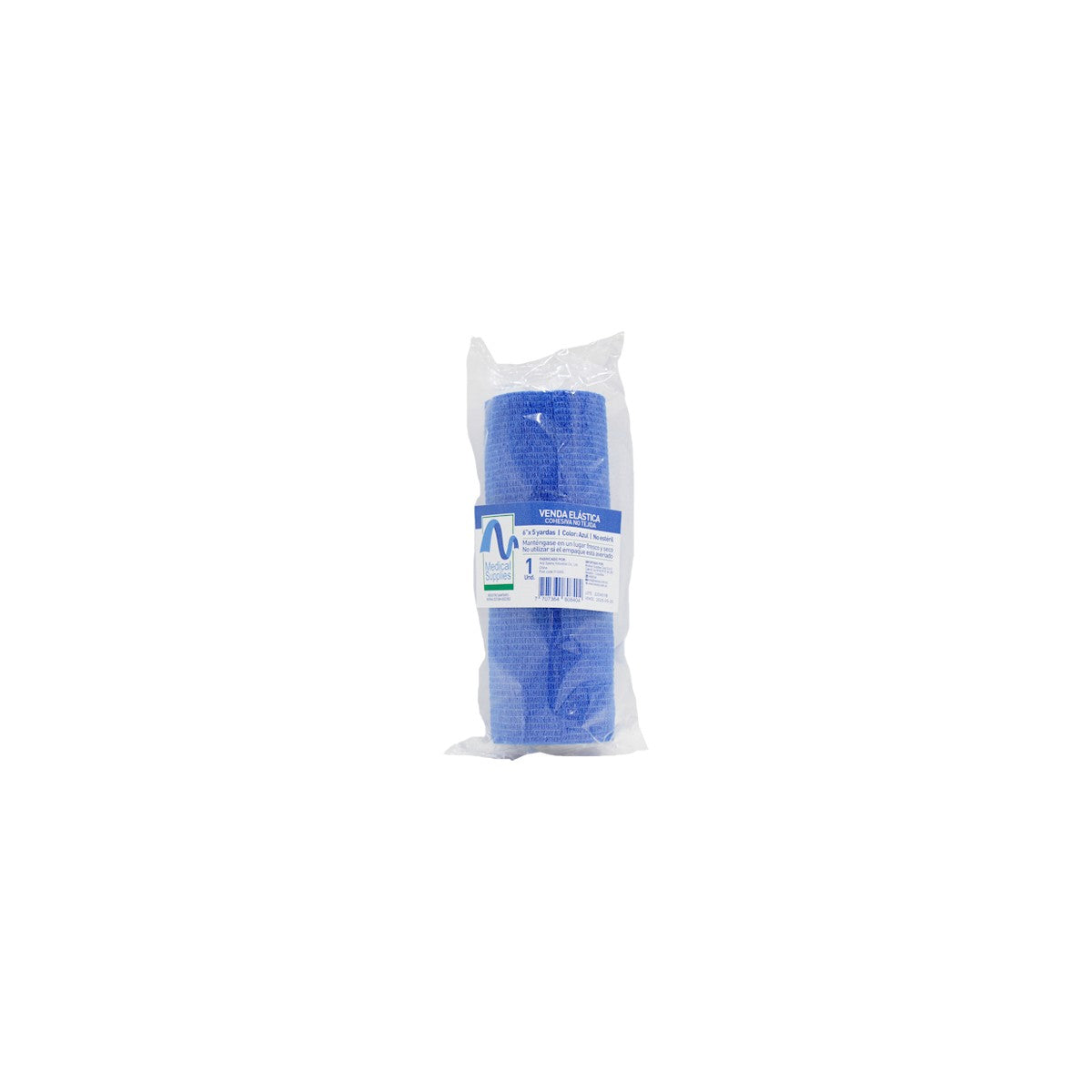 Venda elástica cohesiva no tejida de Anji Spenq, color azul, 5 cm de ancho, adaptable y transpirable, presentada en bolsa plástica.