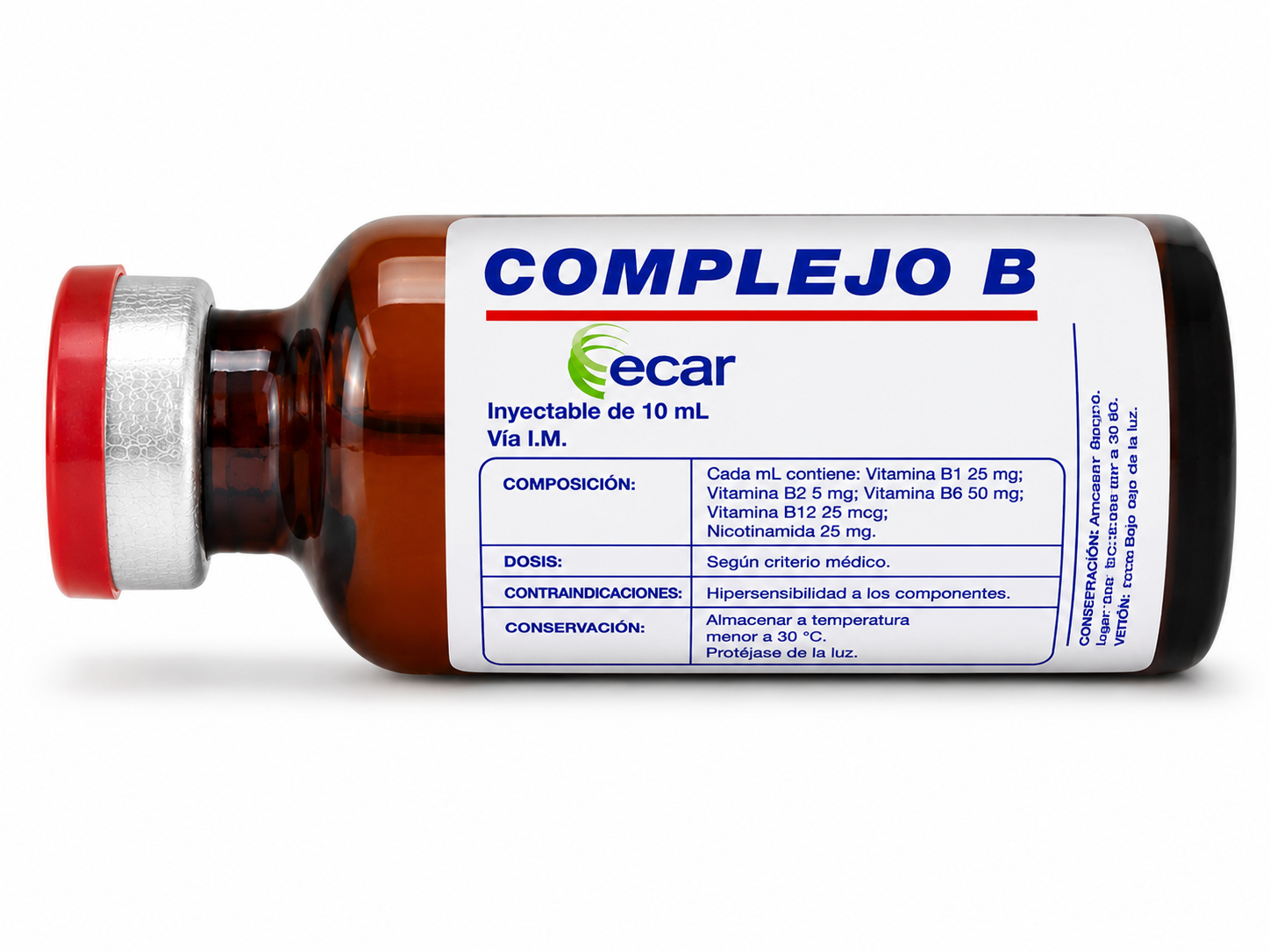Vitamina B12 10 mg x 10 ml Ecar solución inyectable acostada sobre fondo blanco para catálogo médico