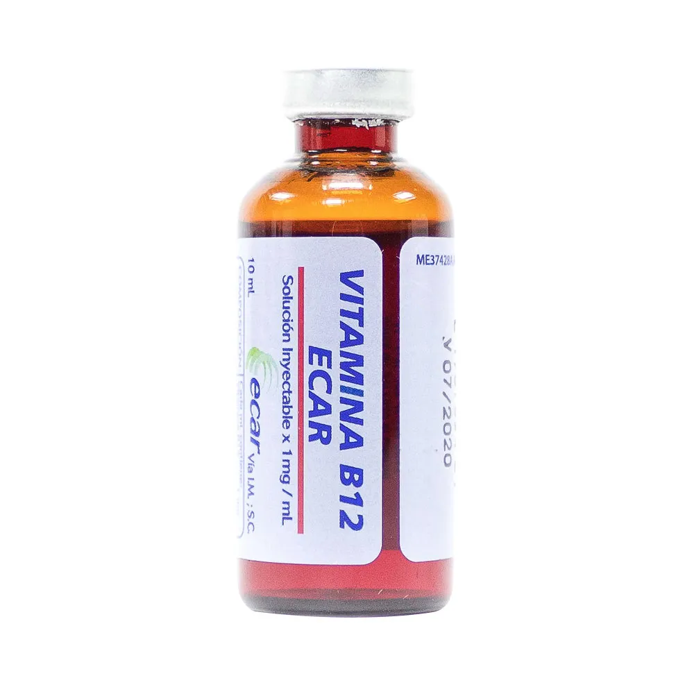 Vitamina B12 10 mg x 10 ml Ecar solución inyectable presentación del producto para uso médico y profesional.