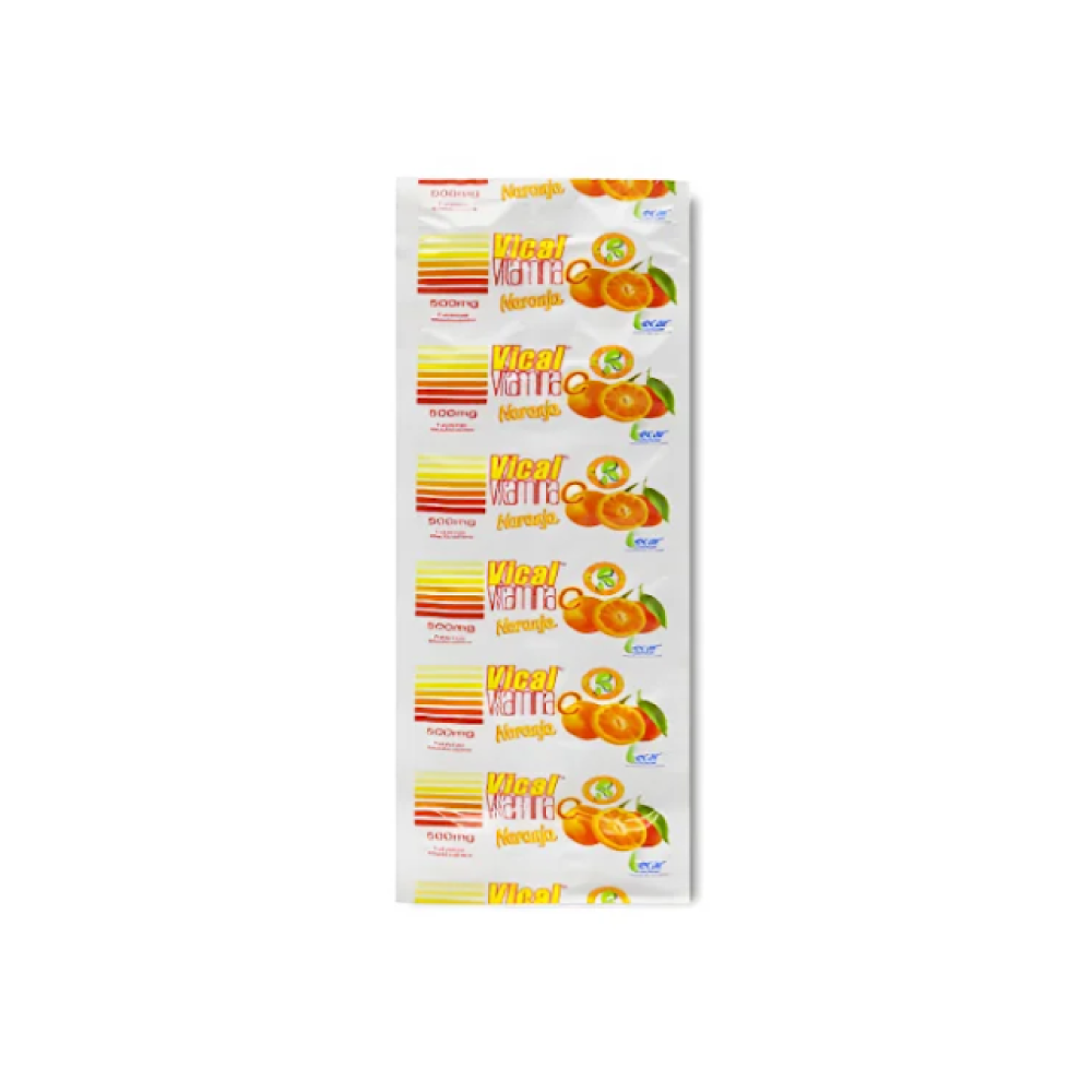 Vitamina C 500 mg x 12 tabletas sabor mandarina ECAR, presentación del producto.